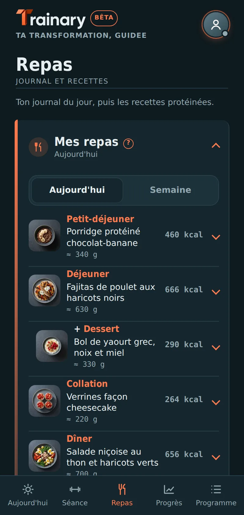 Écran Repas de Trainary : repas du jour avec photos, calories et poids des portions