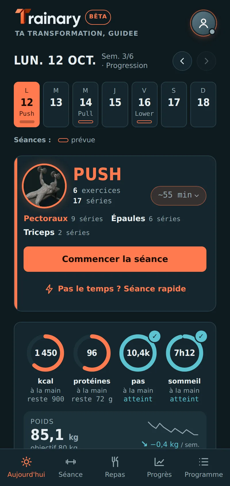 Écran Aujourd'hui de Trainary : séance Push du jour, cibles de calories et de protéines